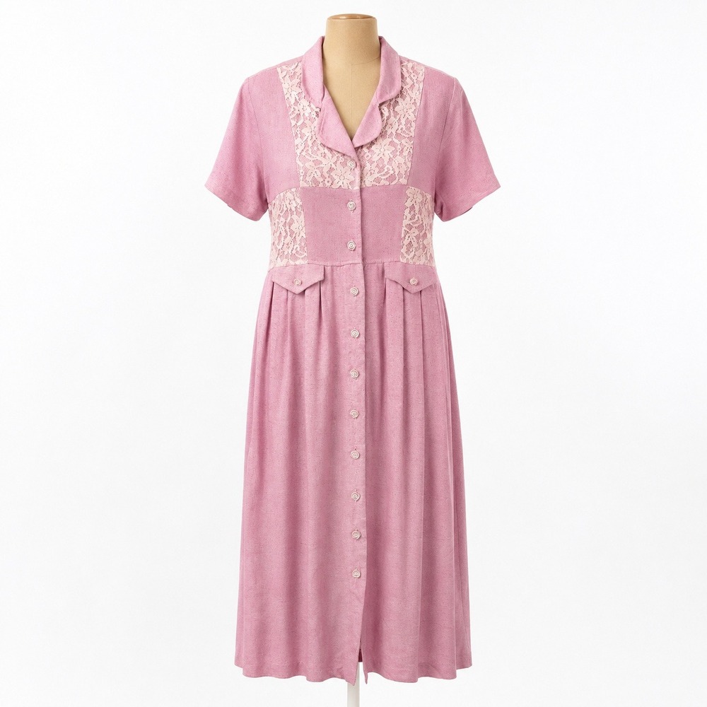 Vintage 90s Lace Patchwork Button Maxi Dress Sz 10 Pink Linen Modest Cottagecore